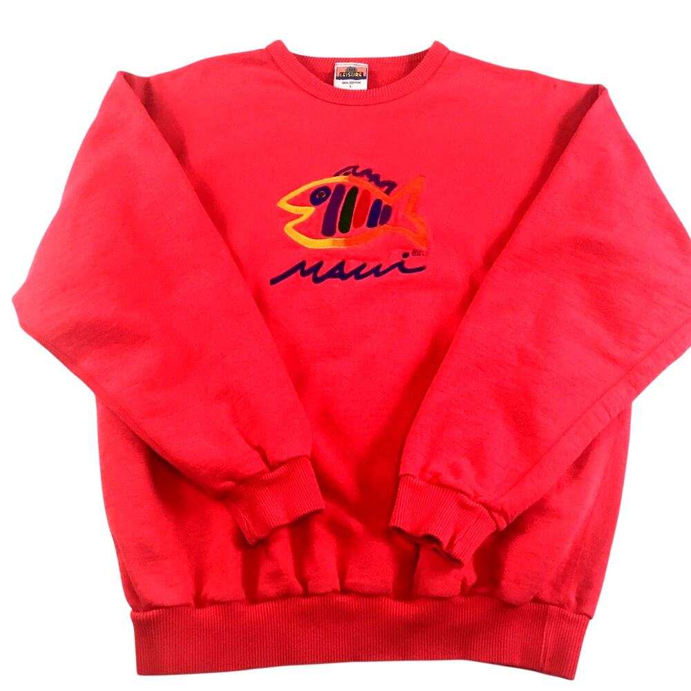 Maui Sweatshirt Vintage Coral Red Large Fish Graphic Sgt Leisure Brand